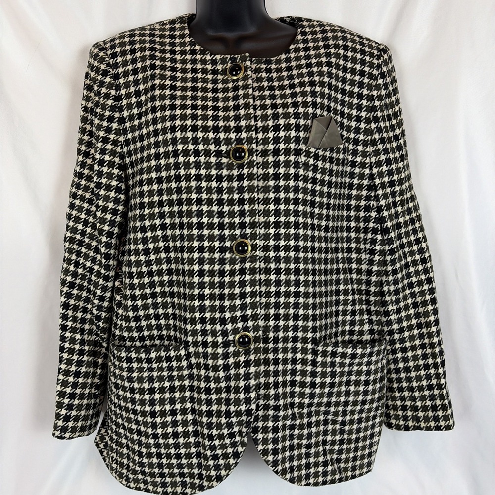 Vintage Sz 16 Le Suit Women's Black & White Houndstooth Wool Blend Coat Pockets